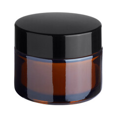 Amber brown glass cosmetic jar with black lid for cream or gel packaging isolated on white...