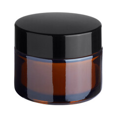 Amber brown glass cosmetic jar with black lid for cream or gel packaging isolated on white background.