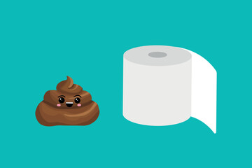 Roll of toilet paper and pile of dog poop in flat cartoon style. Funny excrement art.