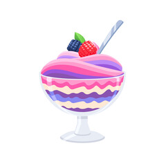 Raspberry and blackberry Ice cream dessert in a transparent glass with a spoon. Cartoon vector illustration of a colorful whipped cream dessert. Sweet berry food.