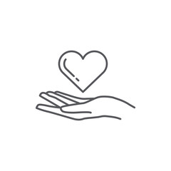 Heart in hand icon. Symbol of love and charity. hand and love icon design. hand and heart linear drawn style. Vector illustration