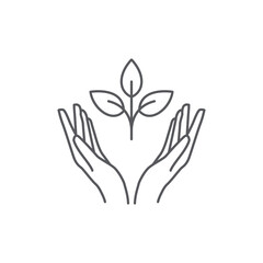 Hand and Plant icon design. plant leaf Pictogram. seed and hand linear logo. Tree in hand vector. Vector illustration