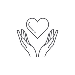 Heart in hand icon. Symbol of love and charity. hand and love icon design. hand and heart linear drawn style. Vector illustration