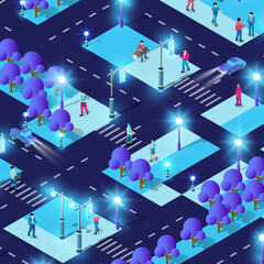 Night city with lantern lights Isometric people walking 3D illustration