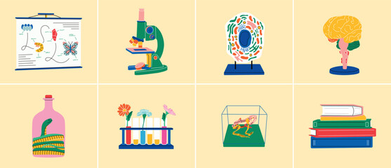 Set of biology objects, flat line style. Microscope, cell, snake, books, brain, flowers, poster, test tubes, toad skeleton. Biotechnology, science, equipment, lab, research, school, trend, sticker.