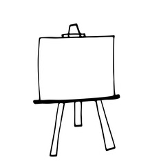 Simple hand drawn black outline vector illustration. Easel with empty canvas, art supplies. Clean sheet, frame. Sketch in ink.