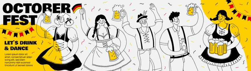 Oktoberfest party. Different people in national German costumes drink beer and have fun. Vector hand drawn illustration. Long horizontal banner with space for text.