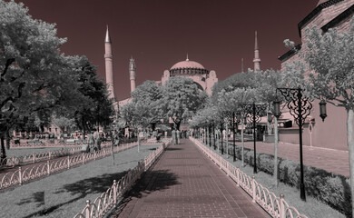 Blue Mosque and Hagia Sophia photographed as infrared technique
