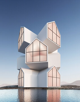Futuristic house concept on a blue background. 3d rendering