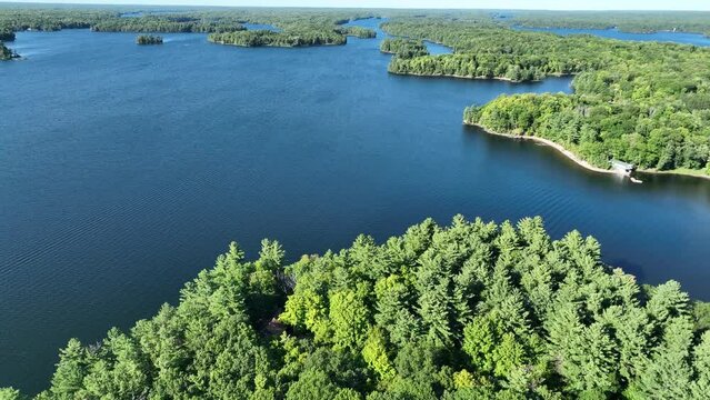 Aerial pan of Bobs Lake Ontario in Lake summer