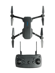 Small modern quad-engine drone with radio controlled remote control insulated on white background, top view