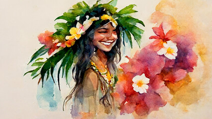 Watercolor paint illustration with young polynesian woman smiling and flowers - obrazy, fototapety, plakaty