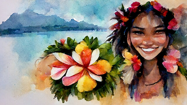 Beautiful polynesian girl with flowers in her hair watercolor painting illustration