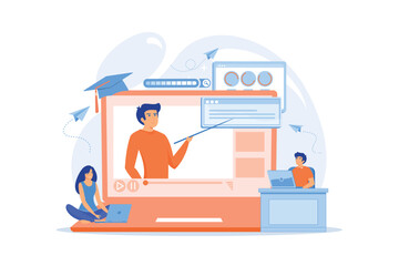 Digital devices and businessman with laptop on cloud using IaaS. Cloud based engine, infrastructure as a service, virtual machine on demand concept. flat vector modern illustration