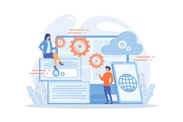 Programmers develop program for platforms. Cross-platform programming, cross-platform development and structure concept on white background. flat vector modern illustration