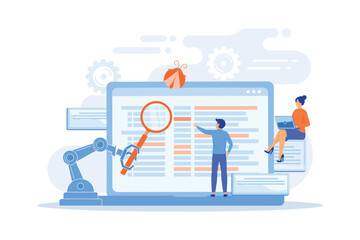 Laptop and software assisting in testing process, tiny people testers. Automated testing, automotive executed test, software auto tester concept. flat vector modern illustration © Alwie99d