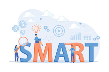 Tiny business people working on goals and sitting on smart word. SMART Objectives, objective establishment, measurable goals development concept. flat vector modern illustration