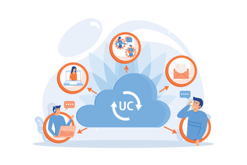 Communication integration. Collaboration service. Unified communication, unified communications platform, consistent unified user interface concept. flat vector modern illustration