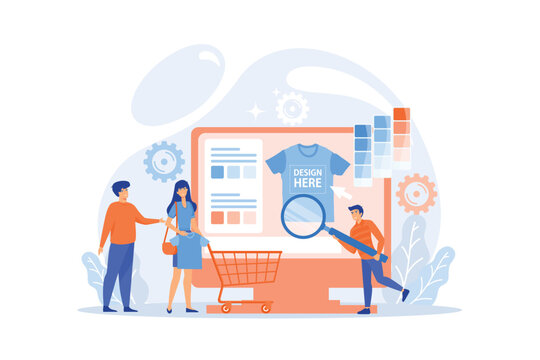 T-shirt Print On Demand Services. Promotional Apparel Design. Merch Clothing, Custom Merchandise Products, Merch Design Service Concept. Flat Vector Modern Illustration