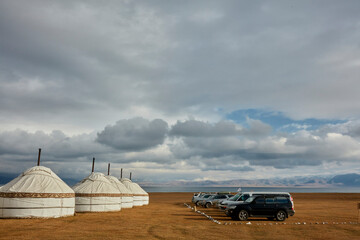 Fototapeta na wymiar Yurts in the steppes of Kyrgyzstan