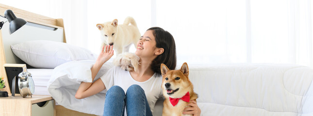 Banner cover design. Young Asian woman playing with three dogs (brown shiba inu, white shiba puppy...