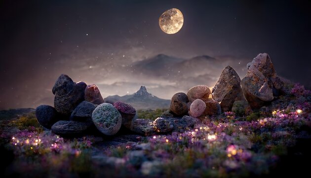 Starry sky with full moon in the night sky, mountain valley with shimmering rocks and stones in the dark