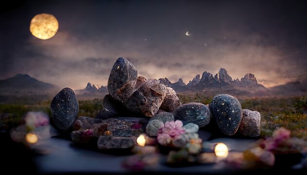 Starry sky with moon in the night sky, mountains on the horizon, iridescent stones and glowing flowers