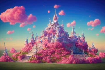 Pink fairytale castle with fluffy pink clouds in the blue sky. - obrazy, fototapety, plakaty
