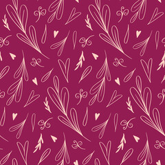 Hand drawn vector seamless floral pattern of leaves, hearts and branches in pink color on purple background. Cute romantic ornament. 