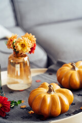 Autumn, fall cozy mood composition for hygge home decor. Orange pumpkins, candles and dahlia flowers on the tray with gray napkin on the coffee table in the living room. Vertical card. Selective focus