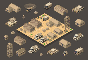 Set of army armed troop isometric armed military transport objects