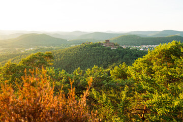 Fototapeta premium Sandstein Burg Burgruine Drachenfels im Pfälzerwald in Rheinland Pfalz in Deutschland zum Sonnenuntergang