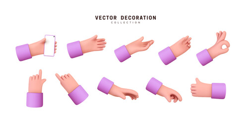 Hands set of realistic 3d design in cartoon style. Hand shows different gestures signs. Vector illustration