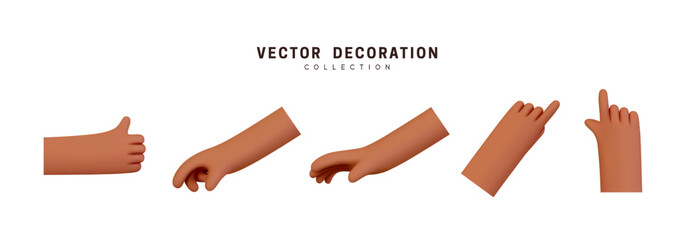Hands set of realistic 3d design in cartoon style. Hand shows different gestures signs. Vector illustration