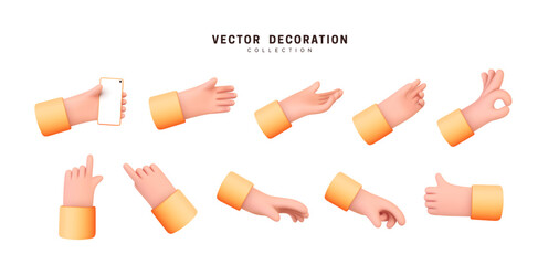 Hands set of realistic 3d design in cartoon style. Hand shows different gestures signs. Vector illustration