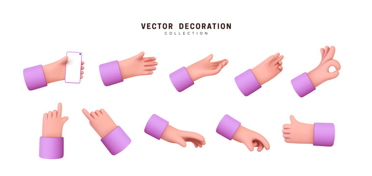 Hands set of realistic 3d design in cartoon style. Hand shows different  gestures signs. Vector illustration Stock Vector | Adobe Stock