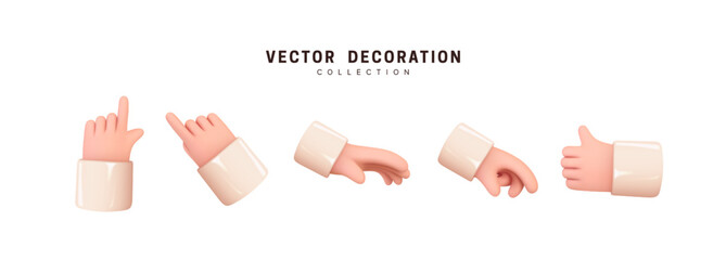 Hands set of realistic 3d design in cartoon style. Hand shows different gestures signs. Vector illustration