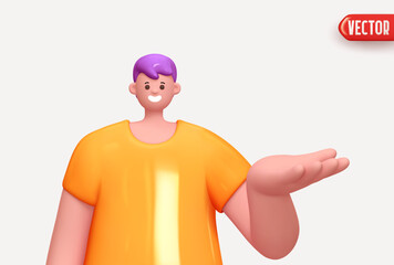 Happy cheerful young man hold open palm arm. Young handsome boy wearing casual showing open hand. Realistic cartoon characters. Close-up 3d People positive. vector illustration