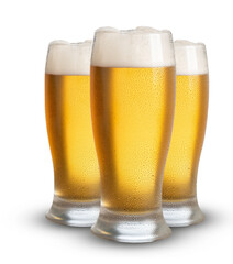three glass of beer, white background