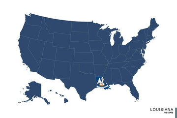 State of Louisiana on blue map of United States of America. Flag and map of Louisiana.