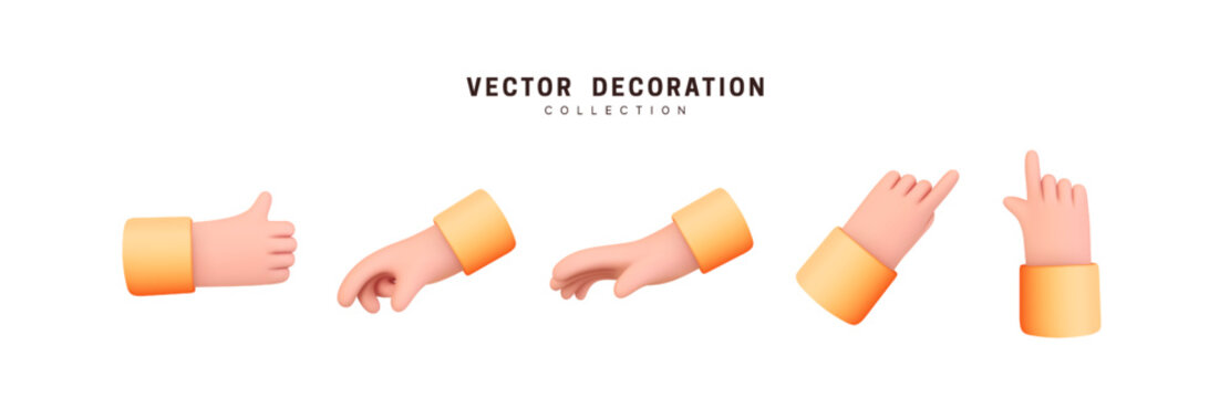 Hands set of realistic 3d design in cartoon style. Hand shows different gestures signs. Vector illustration