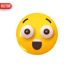 Emoji face surprised. Emoticon yellow glossy color. Realistic 3d design In plastic cartoon style. Icon isolated on white background. Vector illustration