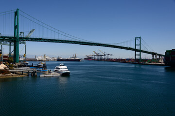 Los Angeles, port of San Pedro. Vincent Thomas bridge. Container cranes in the background
