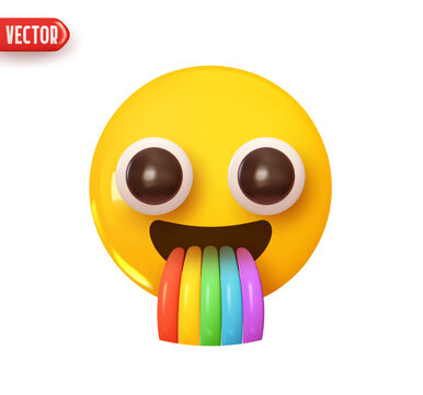 Emoji face joyful happy spews a rainbow from the mouth. Emoticon yellow glossy color. Realistic 3d design In plastic cartoon style. Icon isolated on white background. Vector illustration