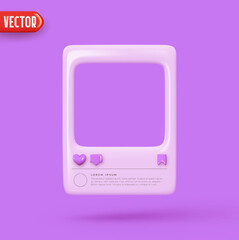 Social Media Clean Empty Post Template. Purple Frame border of social networks. Realistic 3d design. Lilac Decorative element, for advertising banner and violet poster. Vector illustration