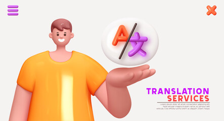 Translator Online service. Happy cheerful young man hold open palm arm symbols translation text from foreign language. Realistic cartoon characters. Close up 3d people positive. vector illustration