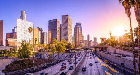 the skyline of los angeles during sunset - 528499795