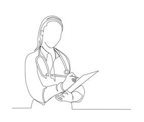 Continuous line drawing of woman doctor writing patient paper document with stethoscope. Single line art of health care concept - Vector illustration.