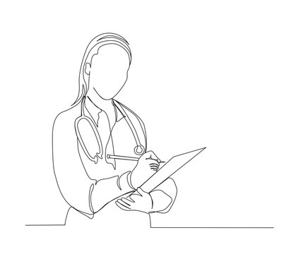 recommend clip art: Continuous line drawing of woman doctor writing patient paper document with stethoscope. Single line art of health care concept - Vector illustration.