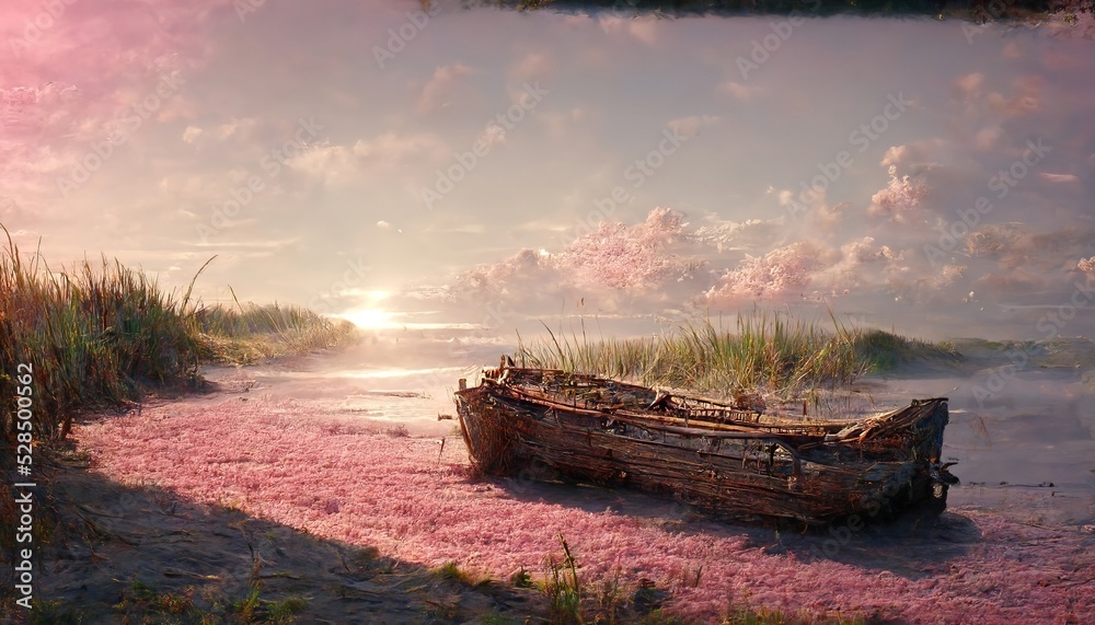 Canvas Prints Sunrise beach and old wooden boat. Pink sky with shining sun over sea water.